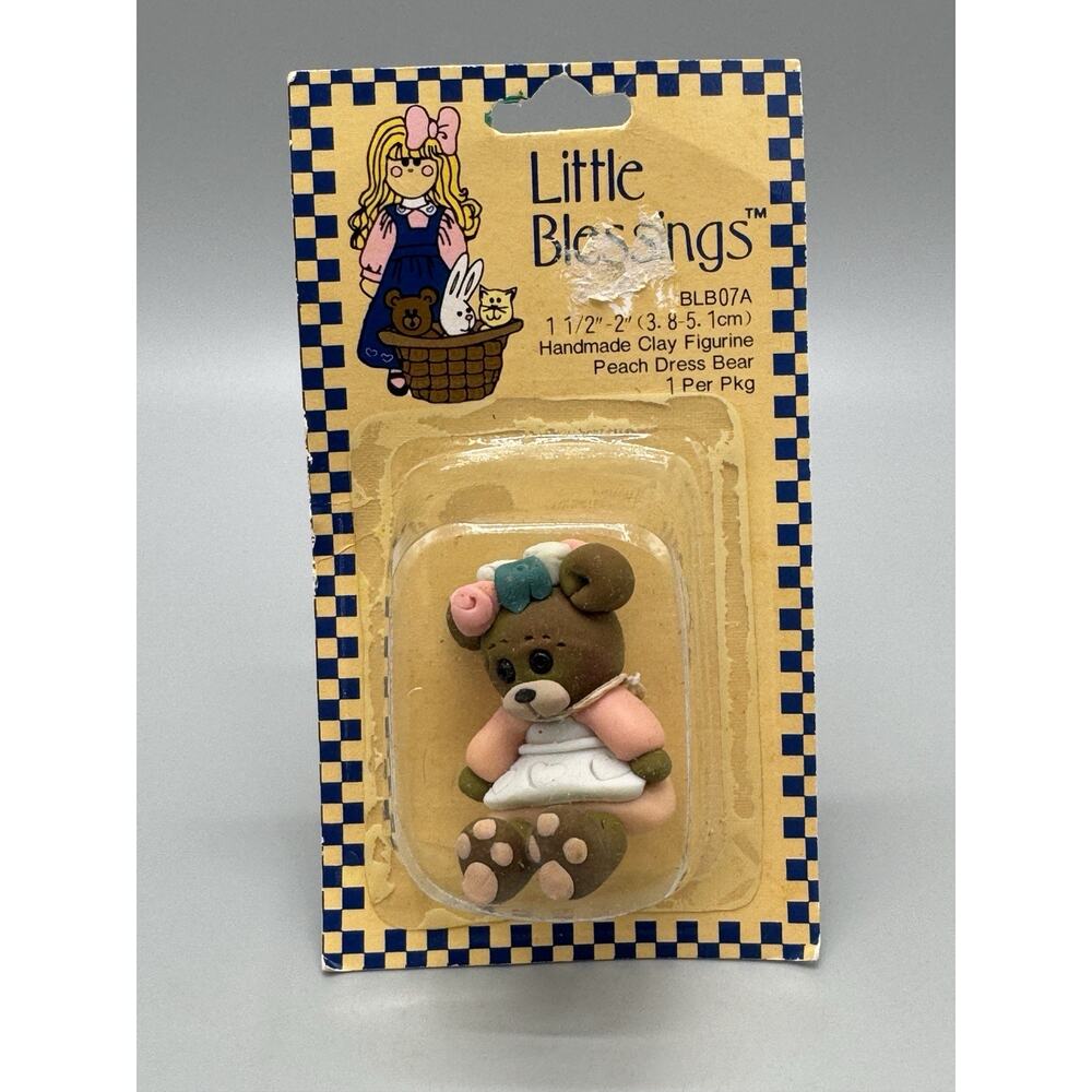 Vintage 1994 Suzi Little Blessings 2" Handmade Clay Figurine Peach Dress Bear